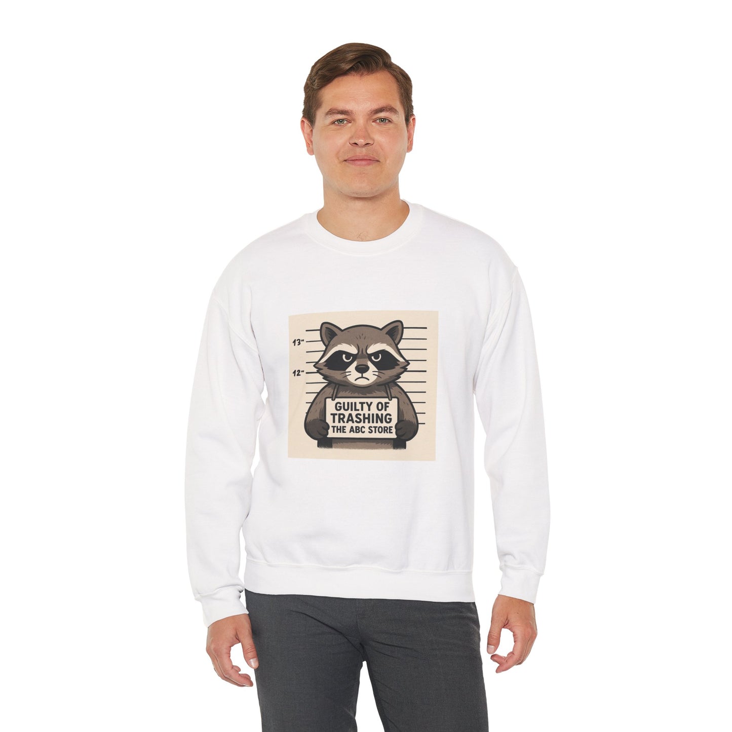 “Guilty of Trashing the ABC Store” Raccoon Unisex Heavy Blend™ Crewneck Sweatshirt