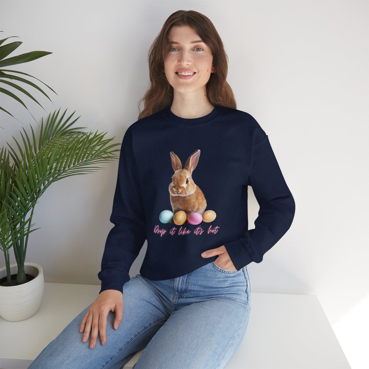 Easter Bunny Sweatshirt - 'Drop It Like It's Hot' Cute Bunny & Pastel Eggs Crewneck