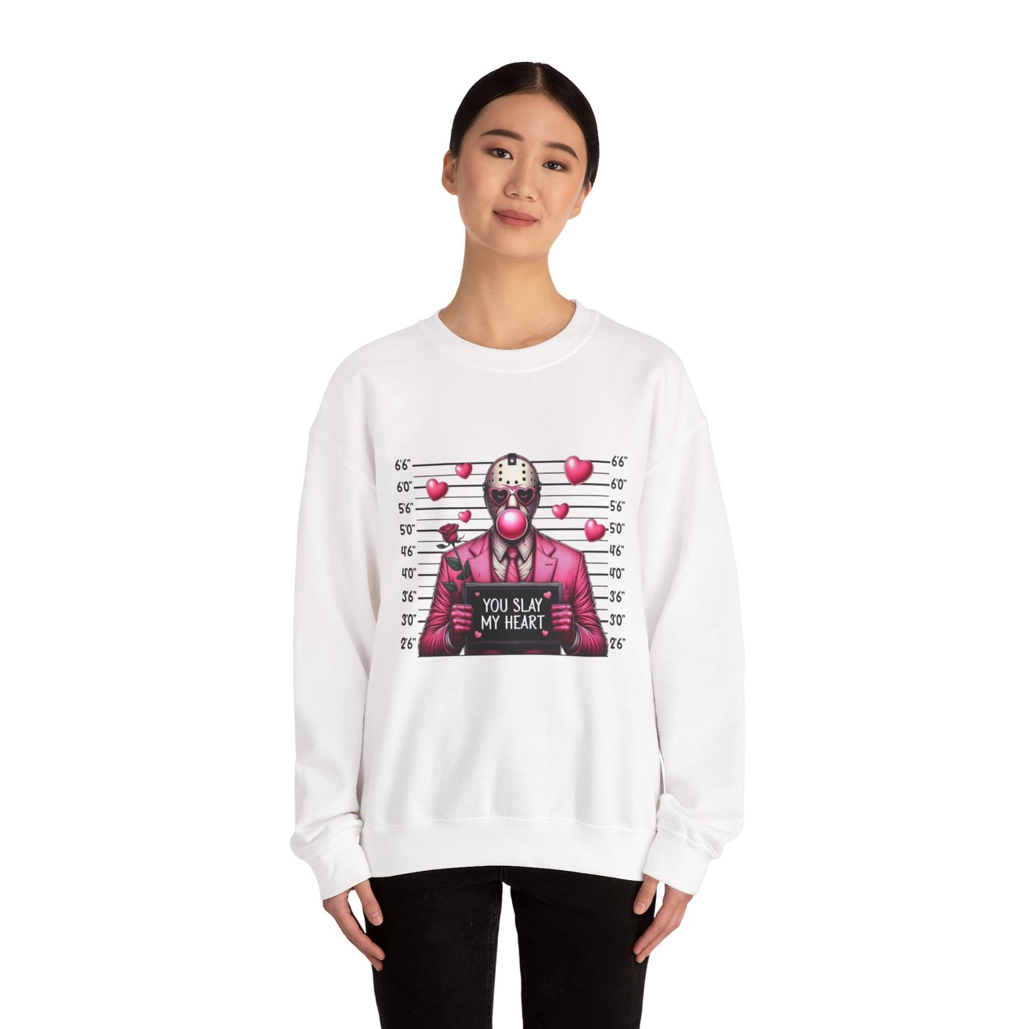 Jason Mask Mugshot Sweatshirt — "You Slay My Heart" Horror Valentine Crewneck