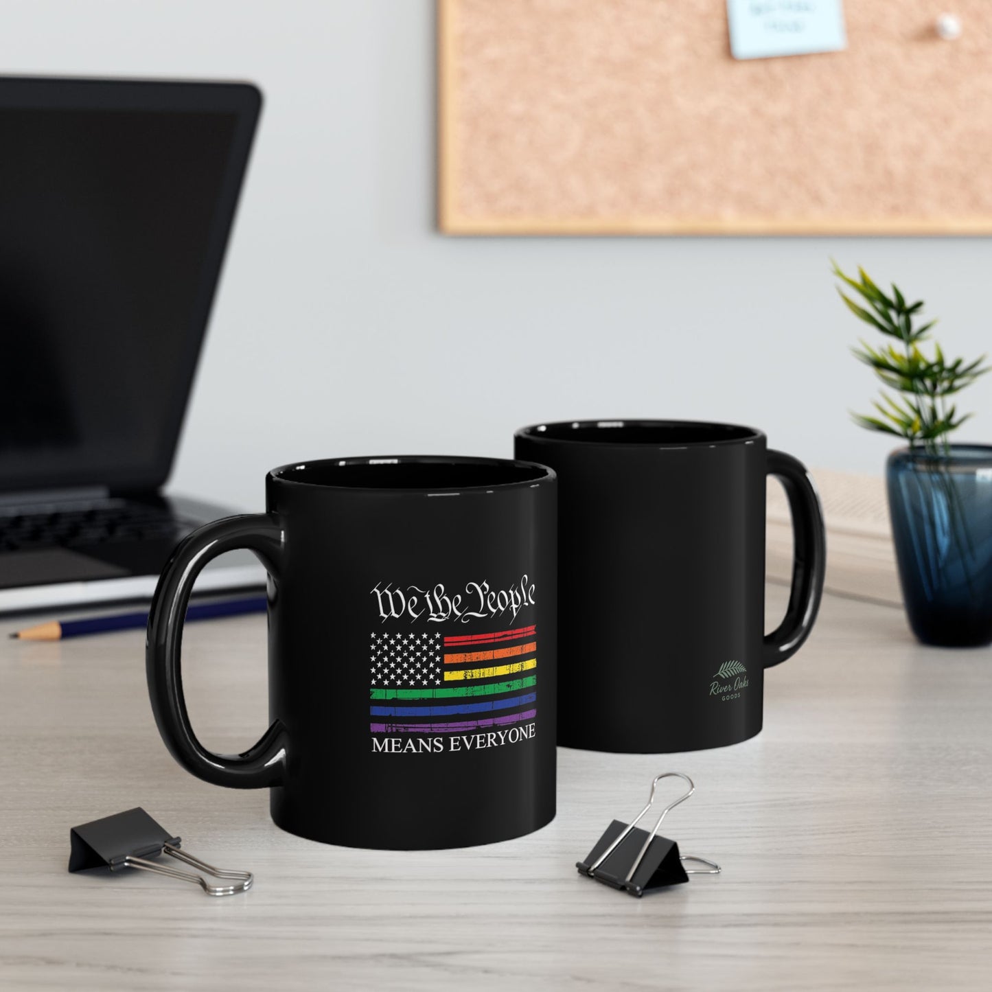 “We The People Means Everyone” Rainbow Stripes Black Coffee Mug (11oz, 15oz)