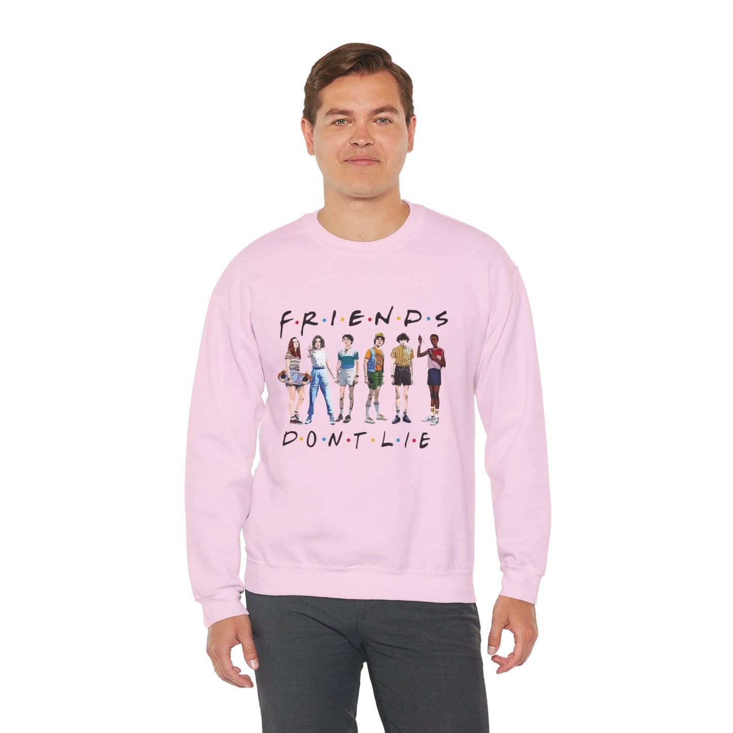"Friends Don't Lie" Stranger Things-Inspired Retro Character Design Crewneck Sweatshirt