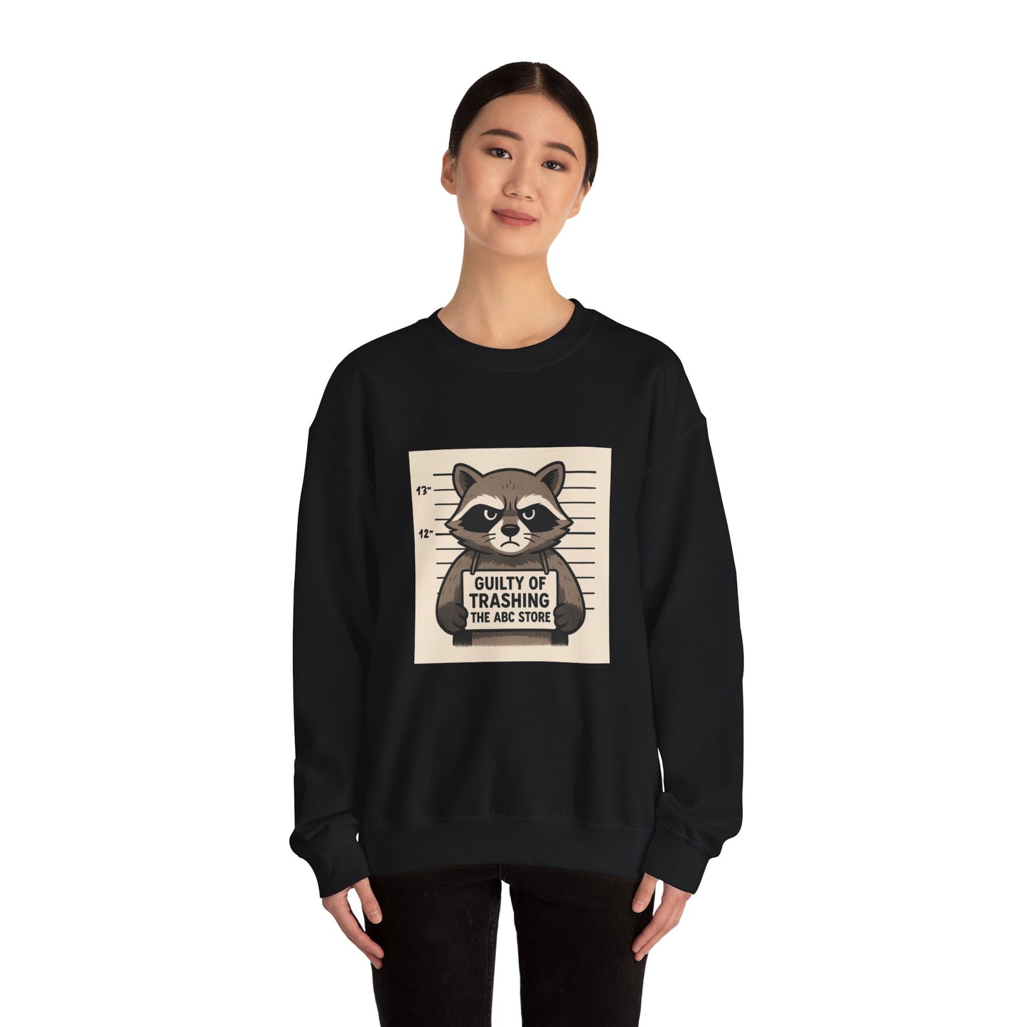 “Guilty of Trashing the ABC Store” Raccoon Unisex Heavy Blend™ Crewneck Sweatshirt