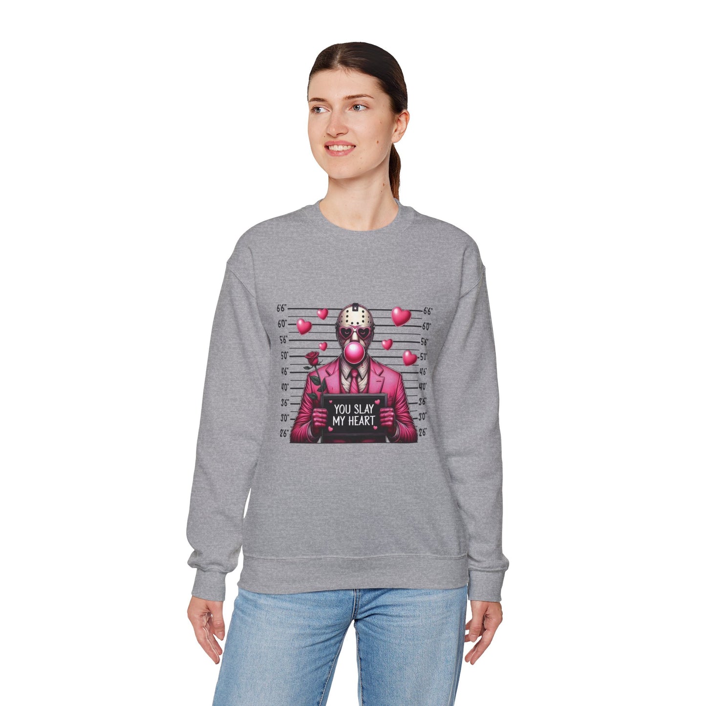 Jason Mask Mugshot Sweatshirt — "You Slay My Heart" Horror Valentine Crewneck