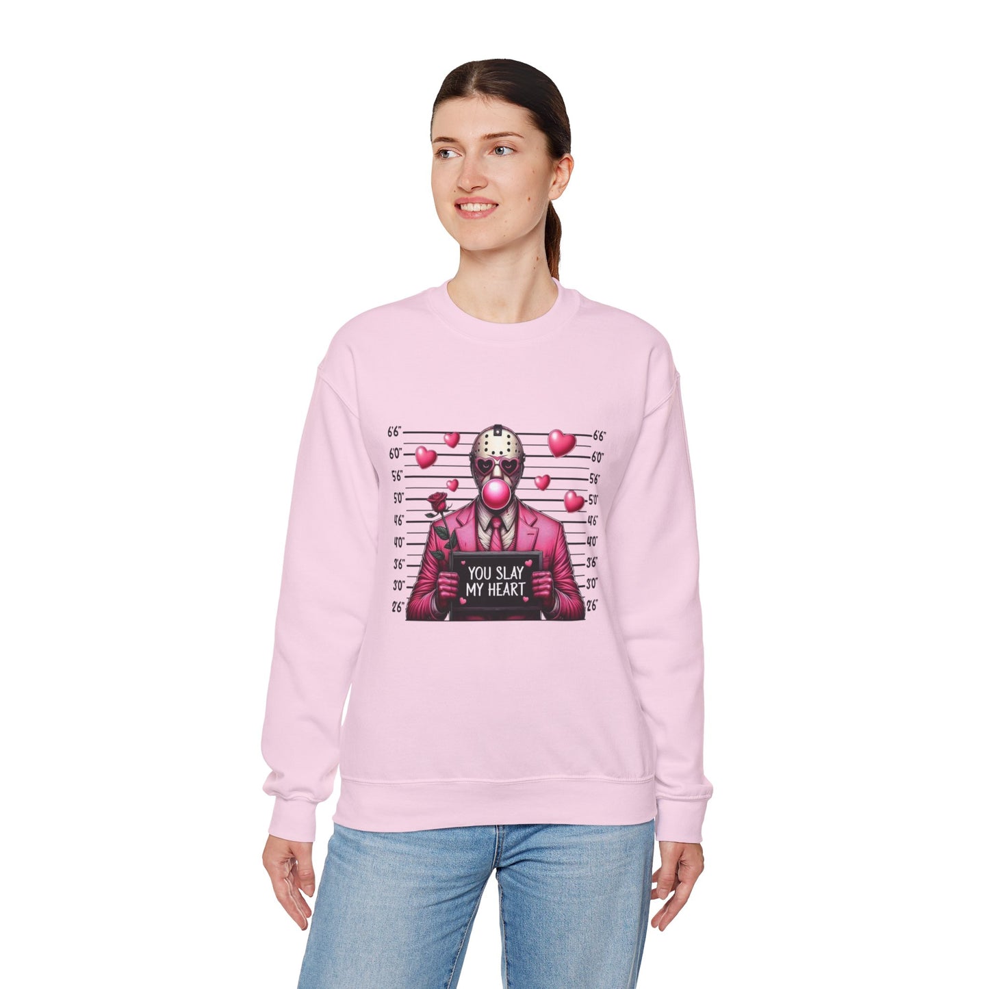 Jason Mask Mugshot Sweatshirt — "You Slay My Heart" Horror Valentine Crewneck