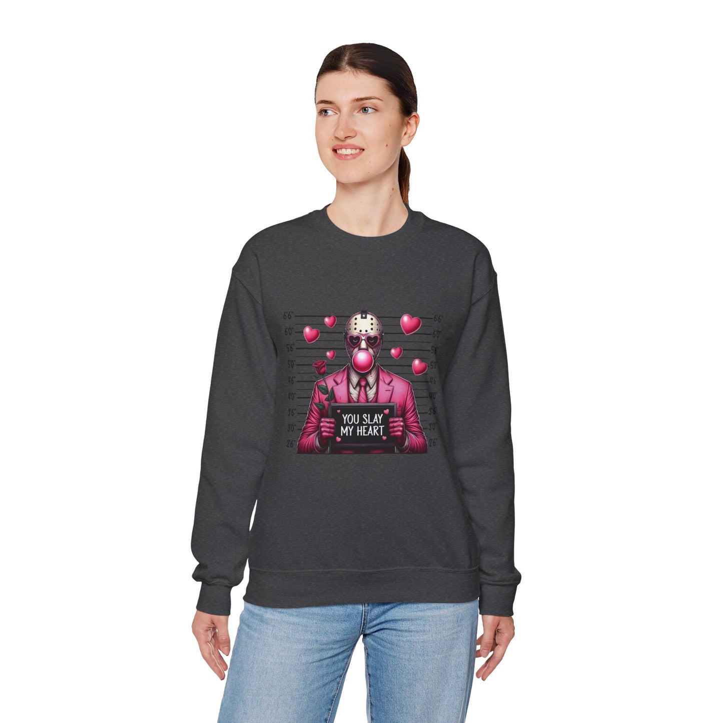 Jason Mask Mugshot Sweatshirt — "You Slay My Heart" Horror Valentine Crewneck