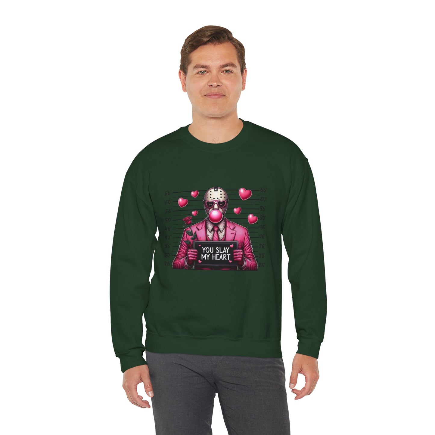 Jason Mask Mugshot Sweatshirt — "You Slay My Heart" Horror Valentine Crewneck