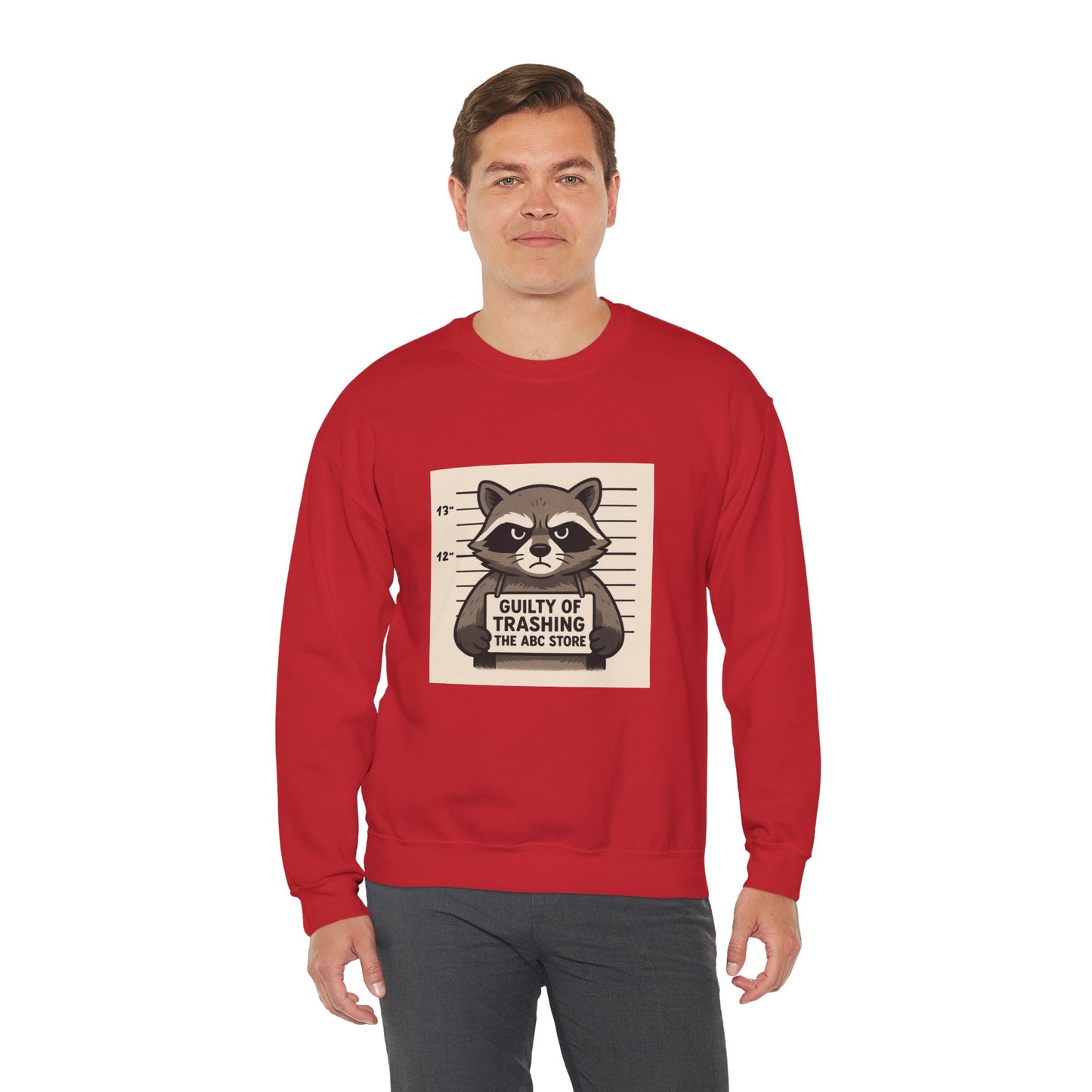 “Guilty of Trashing the ABC Store” Raccoon Unisex Heavy Blend™ Crewneck Sweatshirt