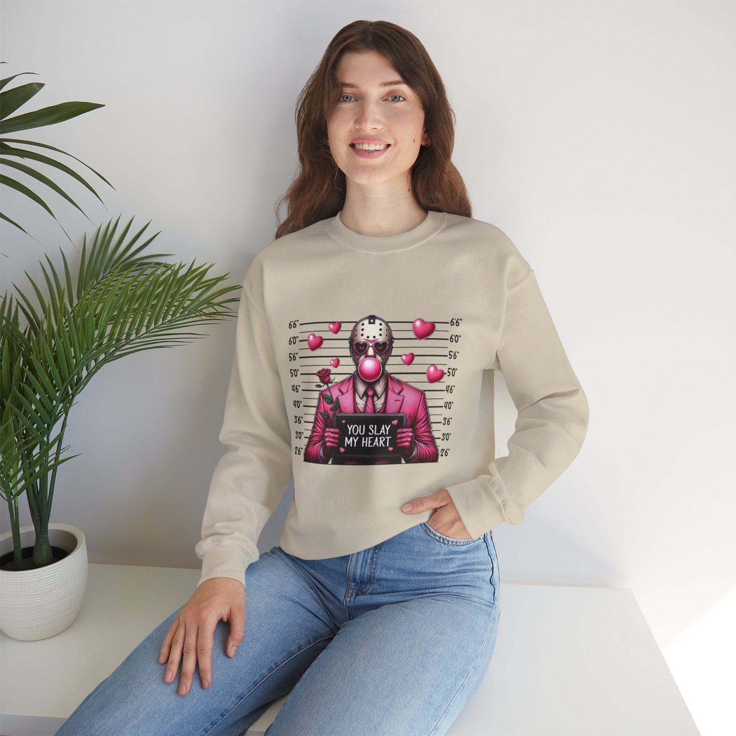 Jason Mask Mugshot Sweatshirt — "You Slay My Heart" Horror Valentine Crewneck