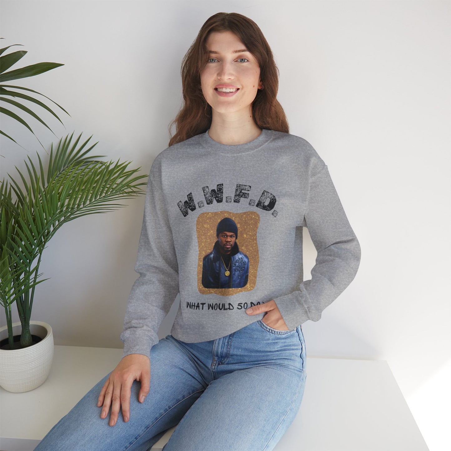 Crewneck Sweatshirt — 'W.W.F.D. (What Would 50 Do?)' Graphic Pullover