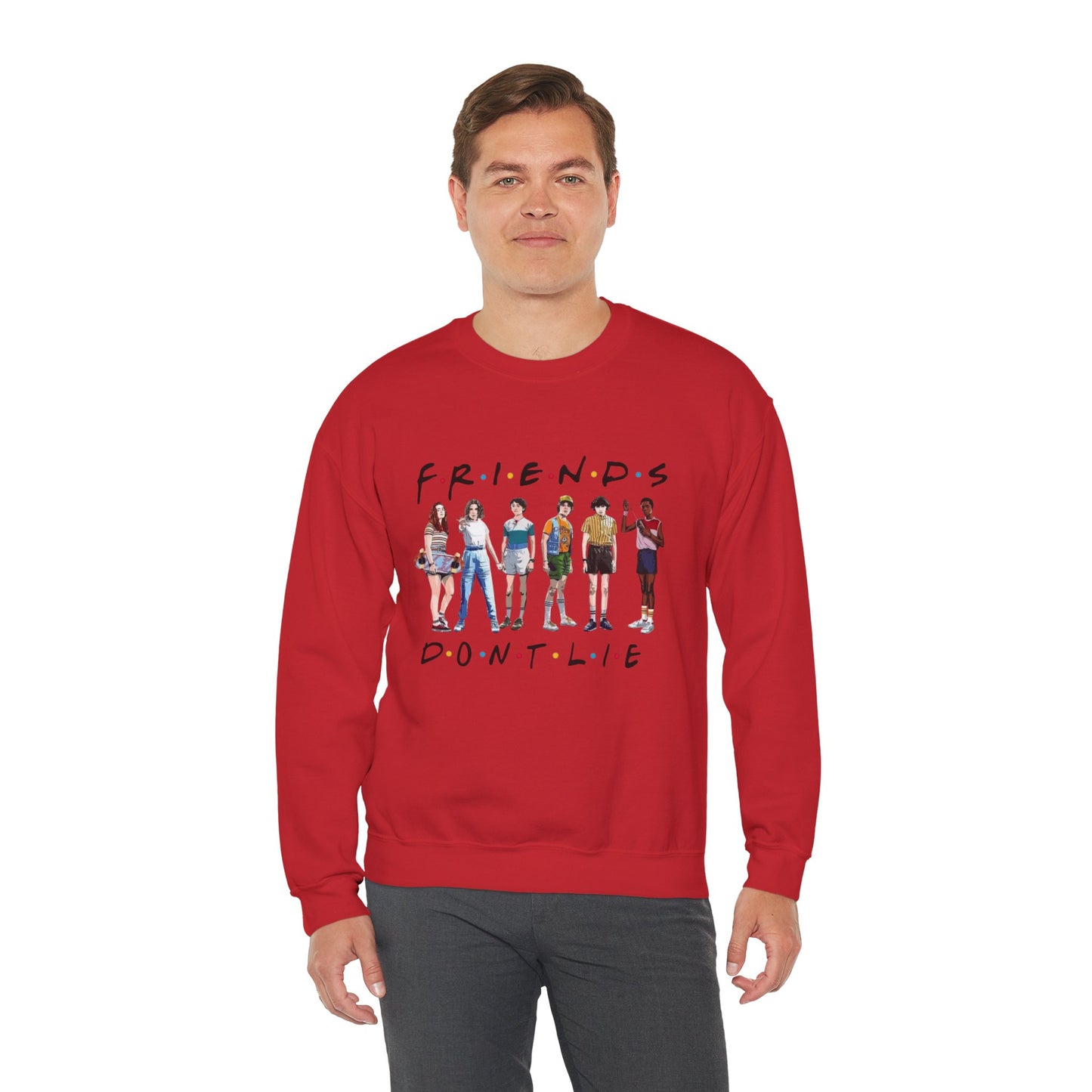 "Friends Don't Lie" Stranger Things-Inspired Retro Character Design Crewneck Sweatshirt