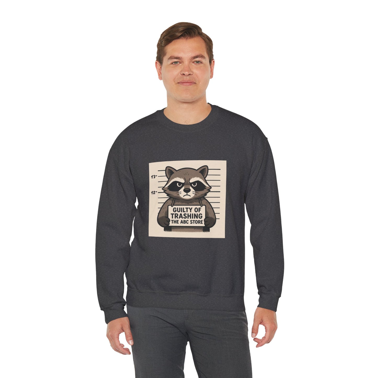 “Guilty of Trashing the ABC Store” Raccoon Unisex Heavy Blend™ Crewneck Sweatshirt