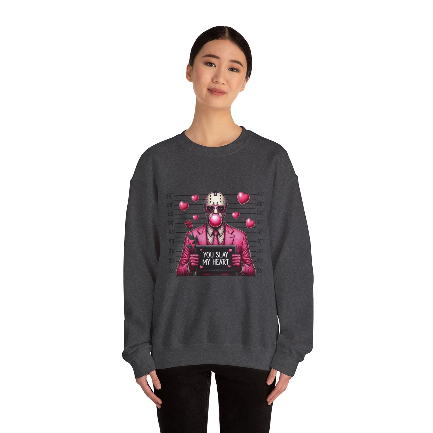Jason Mask Mugshot Sweatshirt — "You Slay My Heart" Horror Valentine Crewneck